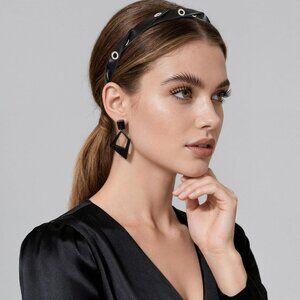 Punk Y2K Black Faux Leather Braided Headband w Silver Grommets Goth Hair Accesso